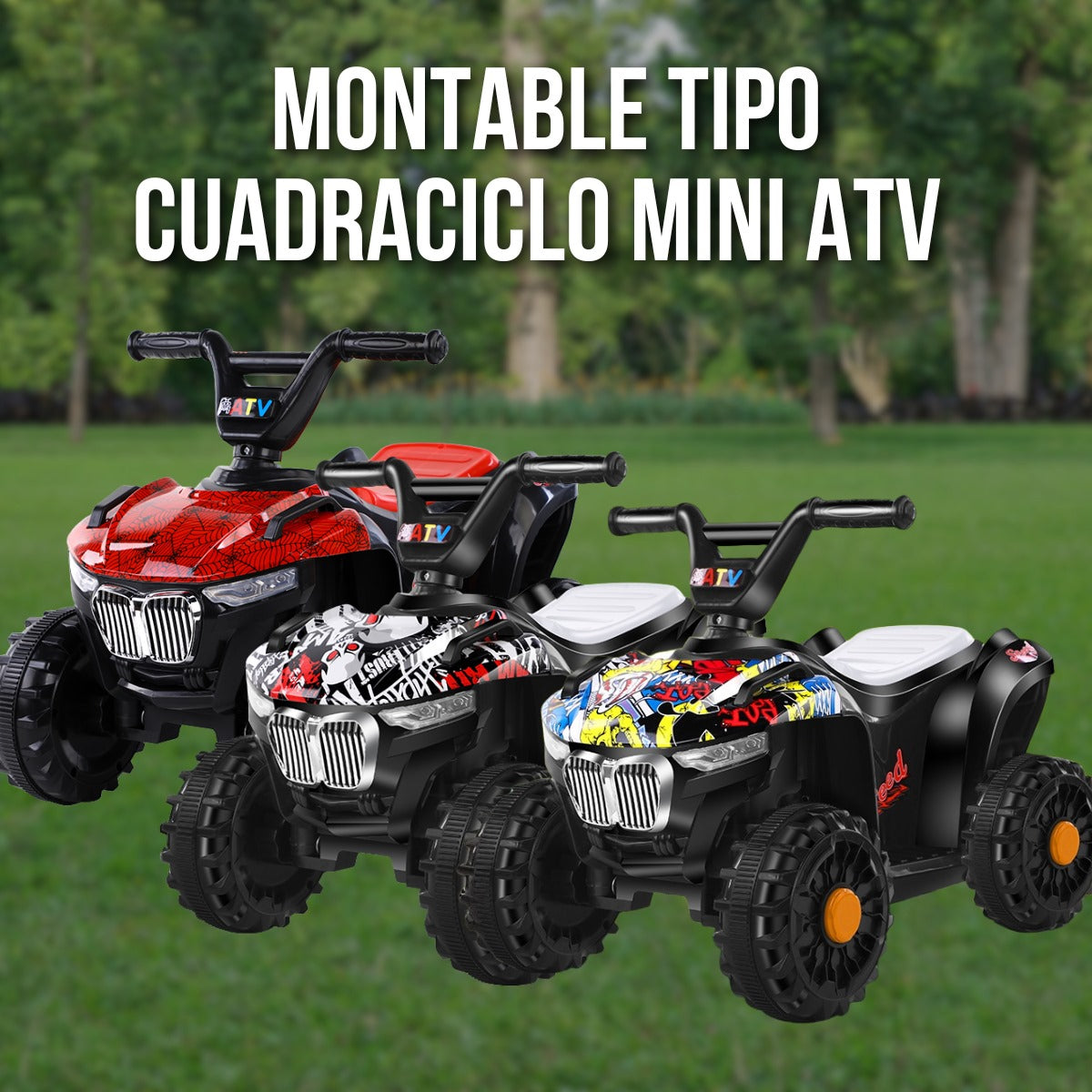 🏁 Cuadraciclo Mini ATV Infantil – Diseños Grafiti, Spider y Calavera
