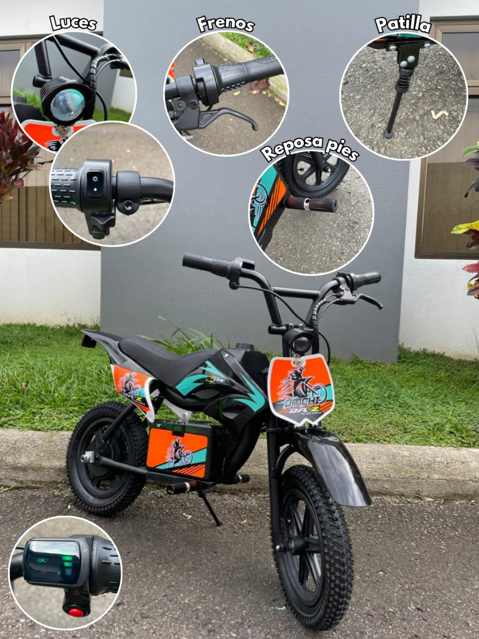 🏍️ Mini Moto Eléctrica Infantil Motocross DR-2 con Freno de Disco – Colores Rojo, Verde y Negro/Naranja