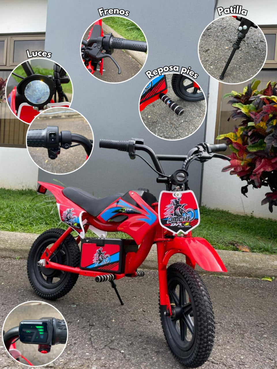 🏍️ Mini Moto Eléctrica Infantil Motocross DR-2 con Freno de Disco – Colores Rojo, Verde y Negro/Naranja