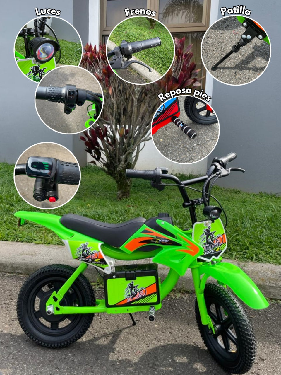 🏍️ Mini Moto Eléctrica Infantil Motocross DR-2 con Freno de Disco – Colores Rojo, Verde y Negro/Naranja